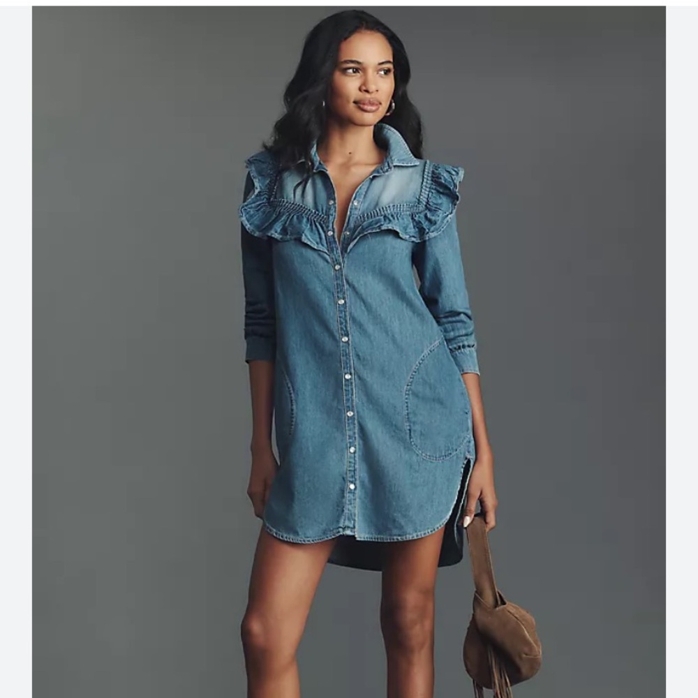 Anthropologie Blue Denim Ruffle Dress